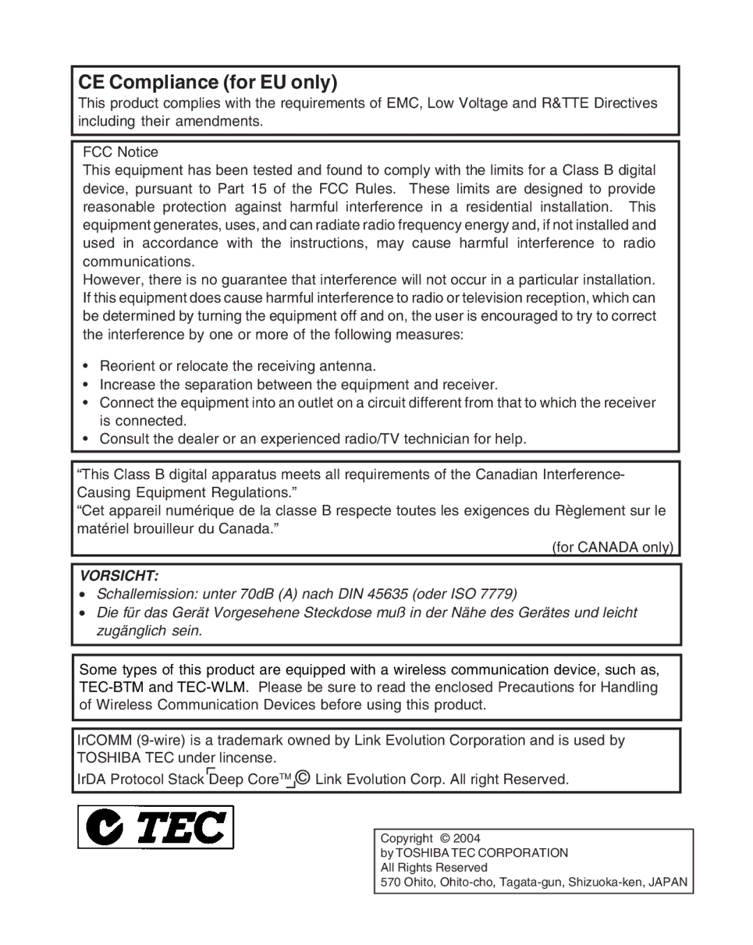 Toshiba B-SP2D owner manual CE Compliance for EU only, Vorsicht 