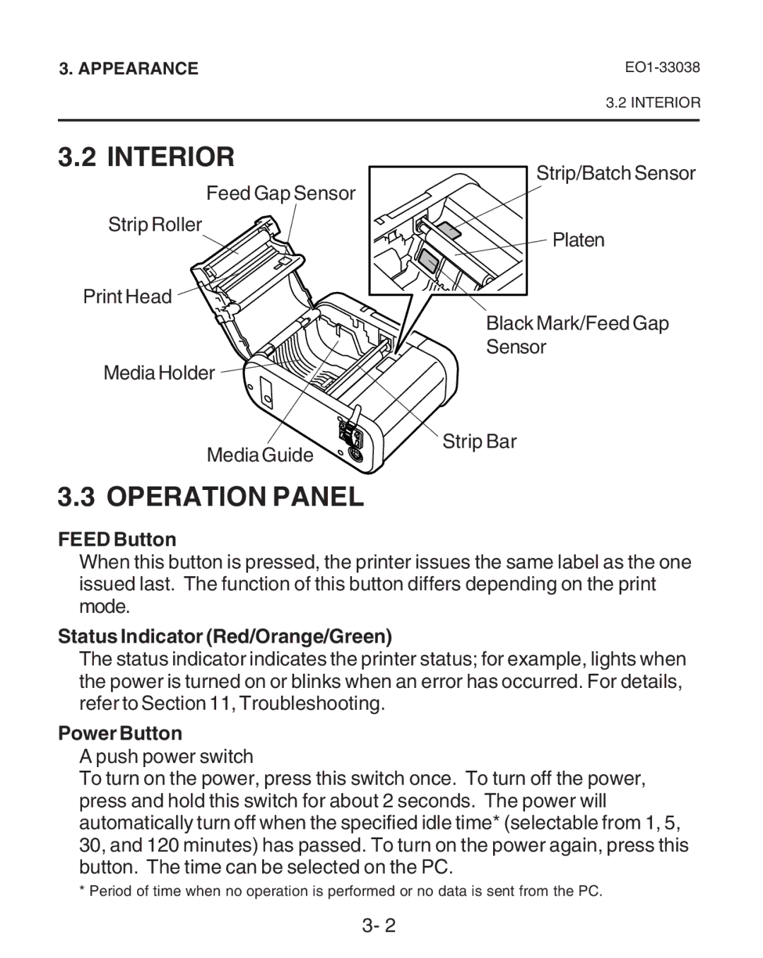 Toshiba B-SP2D owner manual Interior, Operation Panel, Feed Button, Status Indicator Red/Orange/Green, Power Button 