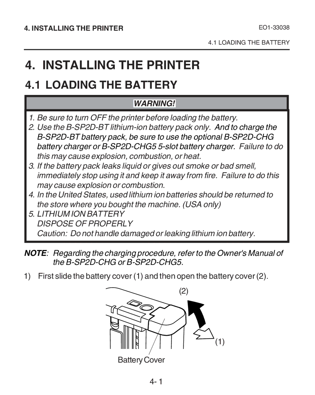 Toshiba B-SP2D owner manual Installing the Printer, Loading the Battery 