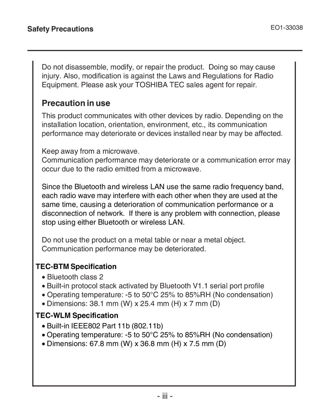 Toshiba B-SP2D owner manual Precaution in use, TEC-BTM Specification 