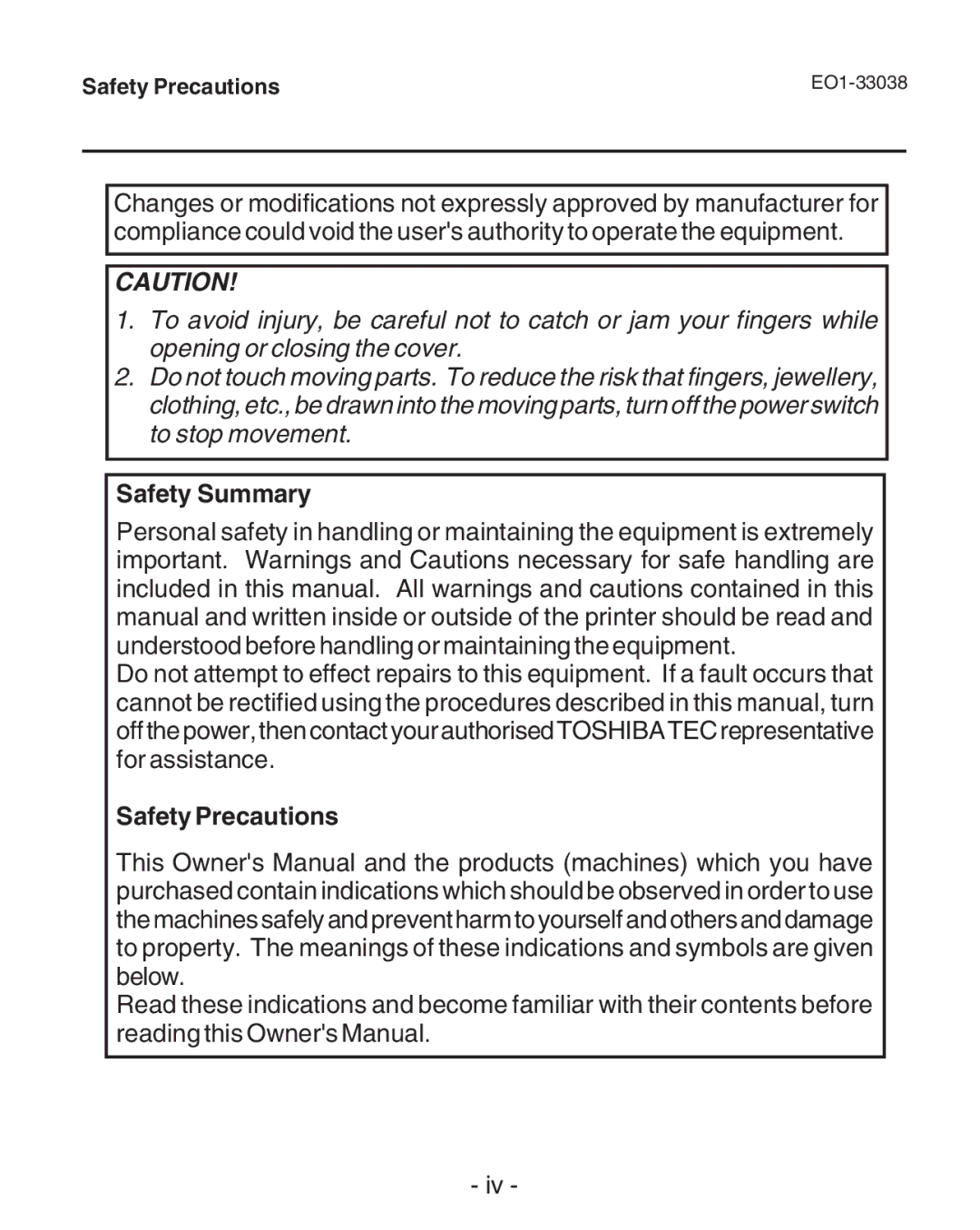 Toshiba B-SP2D owner manual Safety Summary, Safety Precautions 