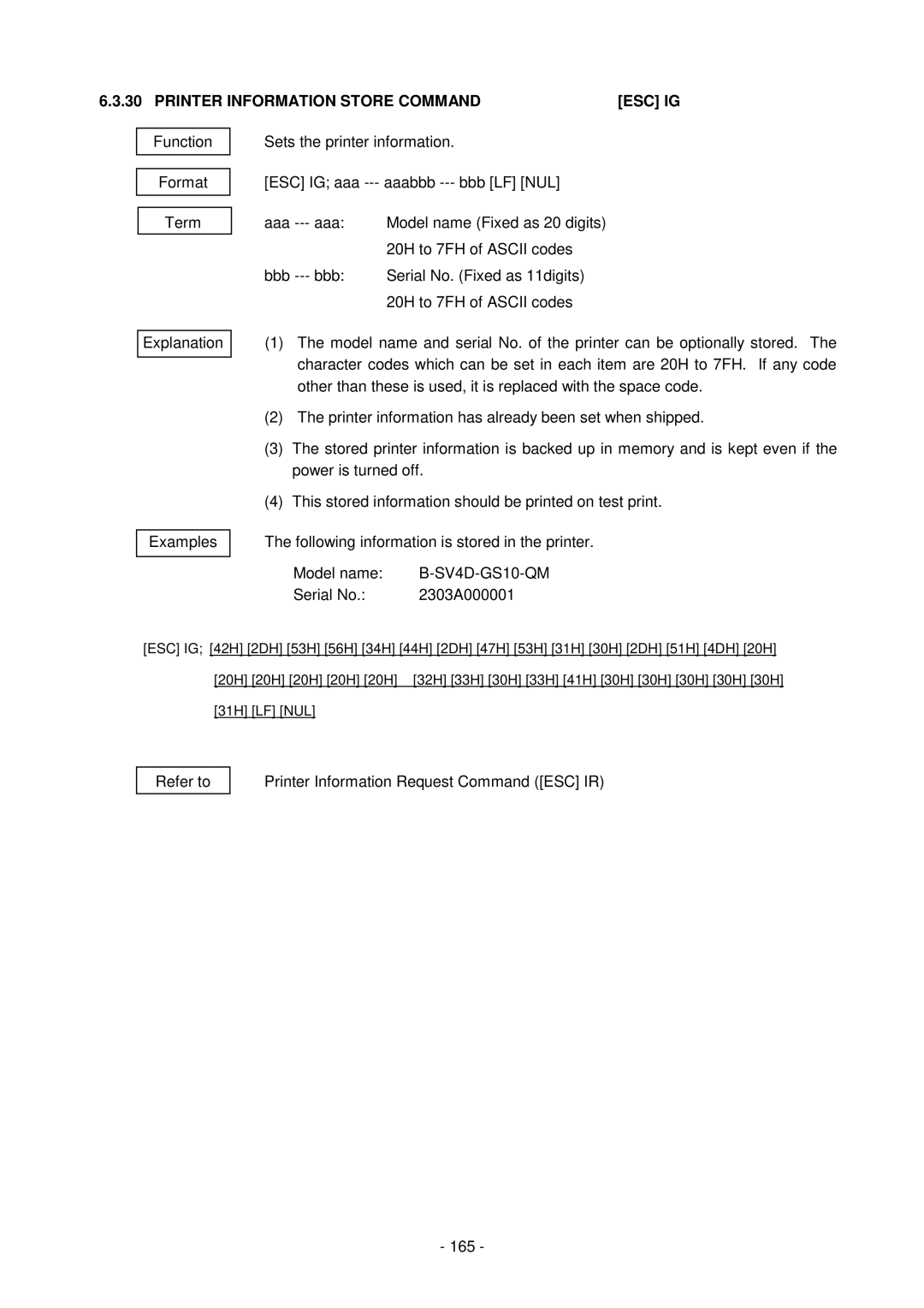 Toshiba GC10-QM, B-SV4D-GS manual Printer Information Store Command ESC IG, SV4D-GS10-QM, Serial No 2303A000001 