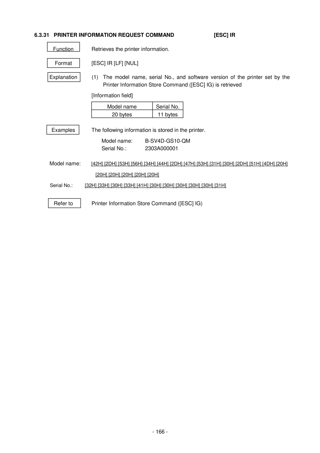 Toshiba B-SV4D-GS, GC10-QM manual Printer Information Request Command ESC IR, Esc Ir Lf Nul, Bytes 