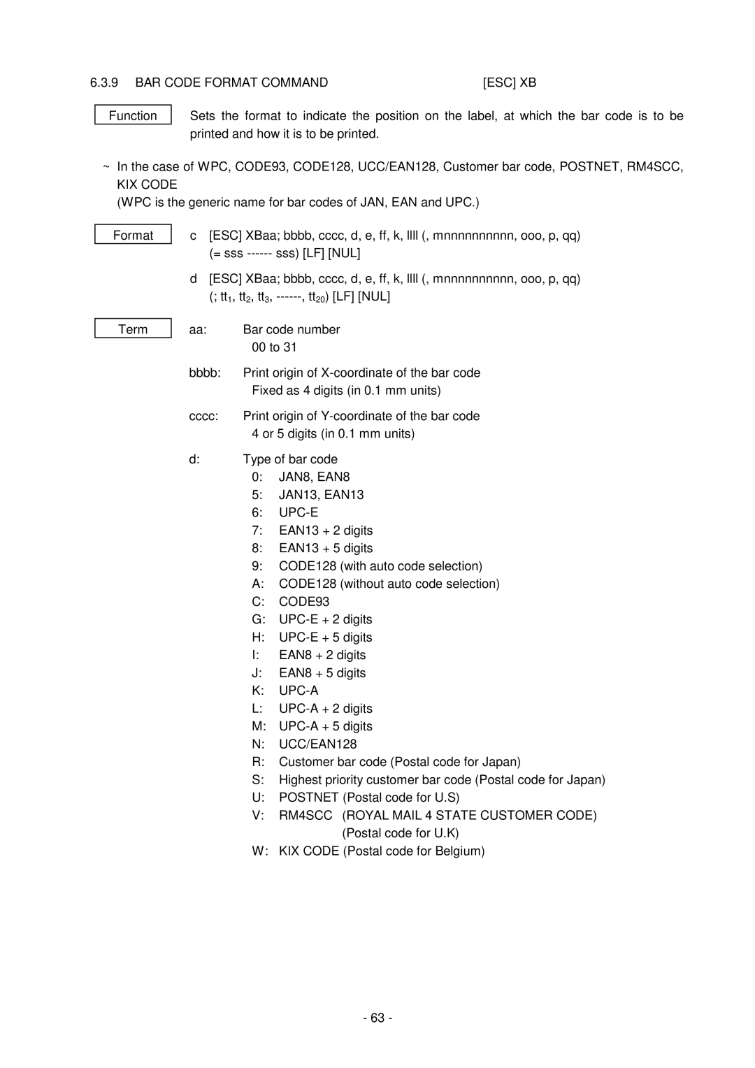 Toshiba GC10-QM, B-SV4D-GS manual BAR Code Format Command ESC XB, KIX Code, CODE93, Upc-A, UCC/EAN128 