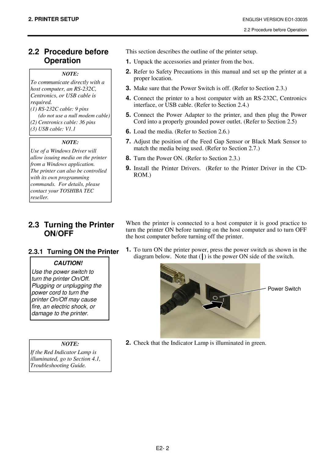 Toshiba B-SV4D-QM owner manual Procedure before Operation, Turning the Printer, Turning on the Printer 