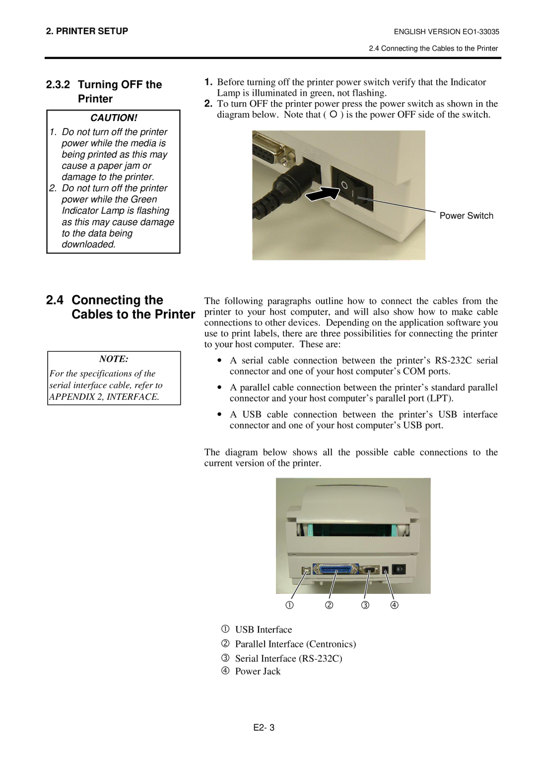 Toshiba B-SV4D-QM owner manual Connecting the Cables to the Printer, Turning OFF the Printer 