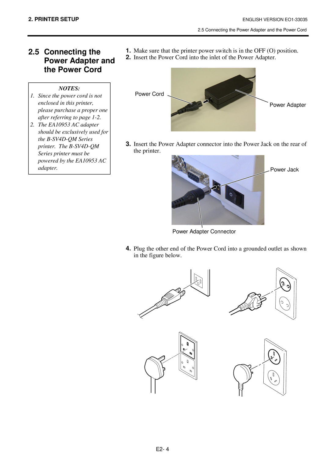 Toshiba B-SV4D-QM owner manual Connecting the Power Adapter and the Power Cord 