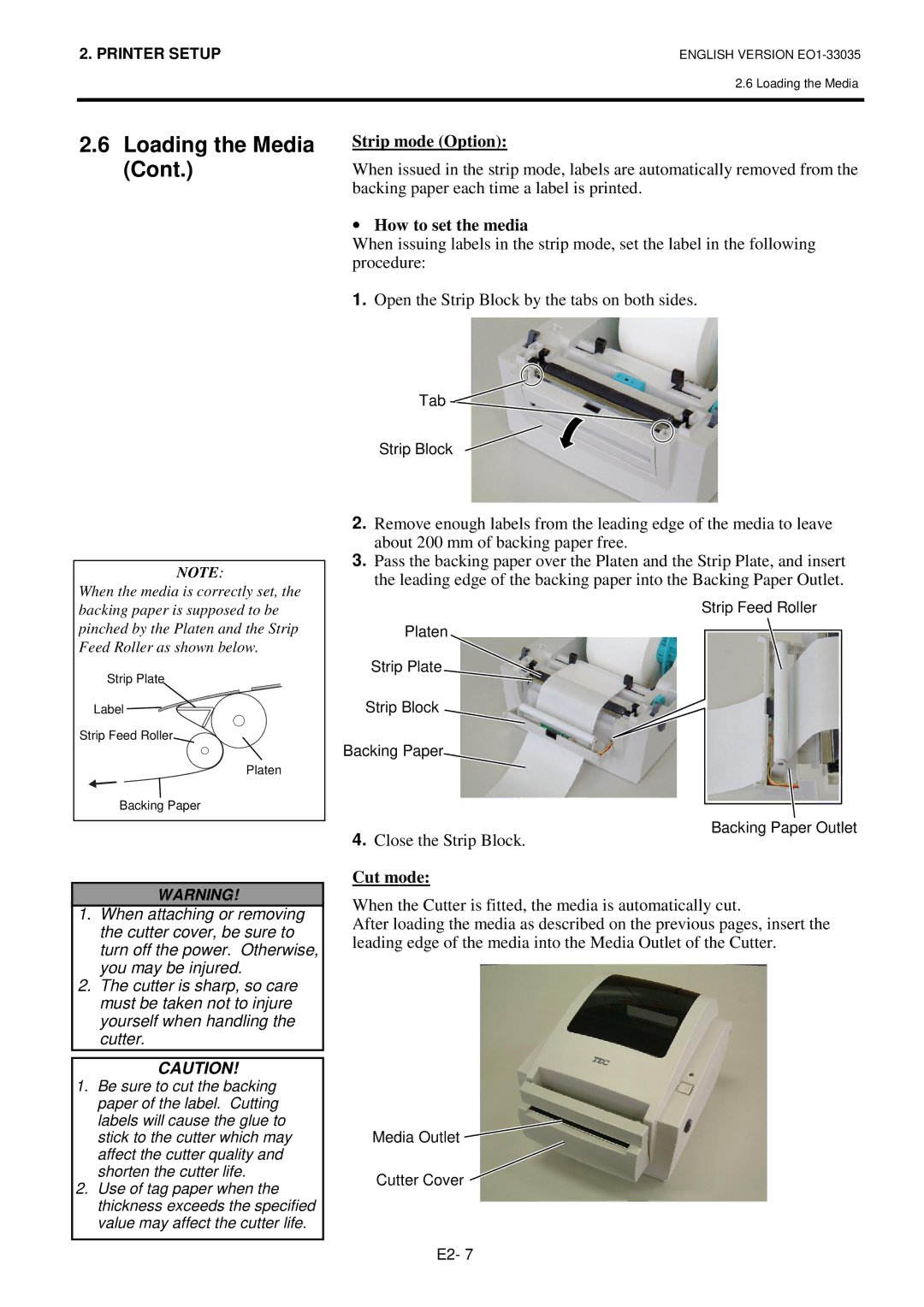 Toshiba B-SV4D-QM owner manual Strip mode Option, ∙ How to set the media, Cut mode 