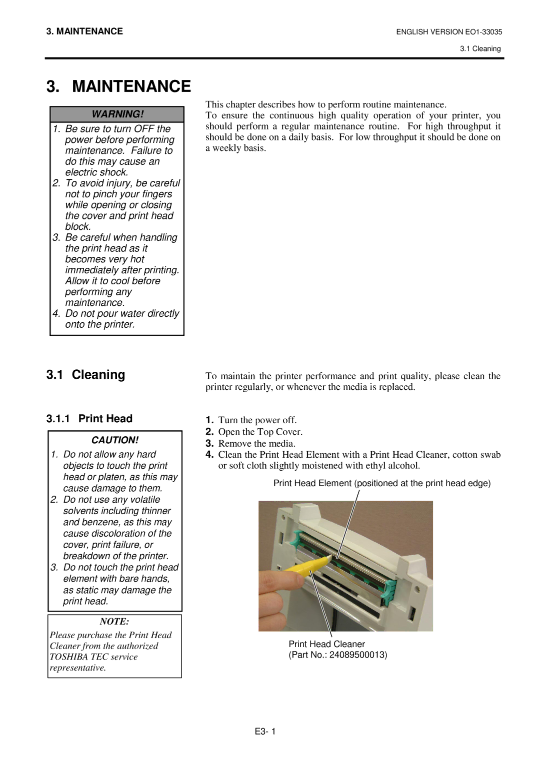 Toshiba B-SV4D-QM owner manual Maintenance, Cleaning, Print Head 