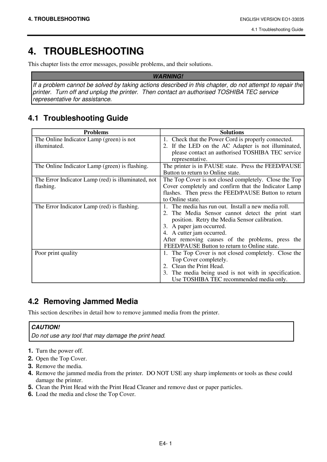 Toshiba B-SV4D-QM owner manual Troubleshooting Guide, Removing Jammed Media, Problems Solutions 