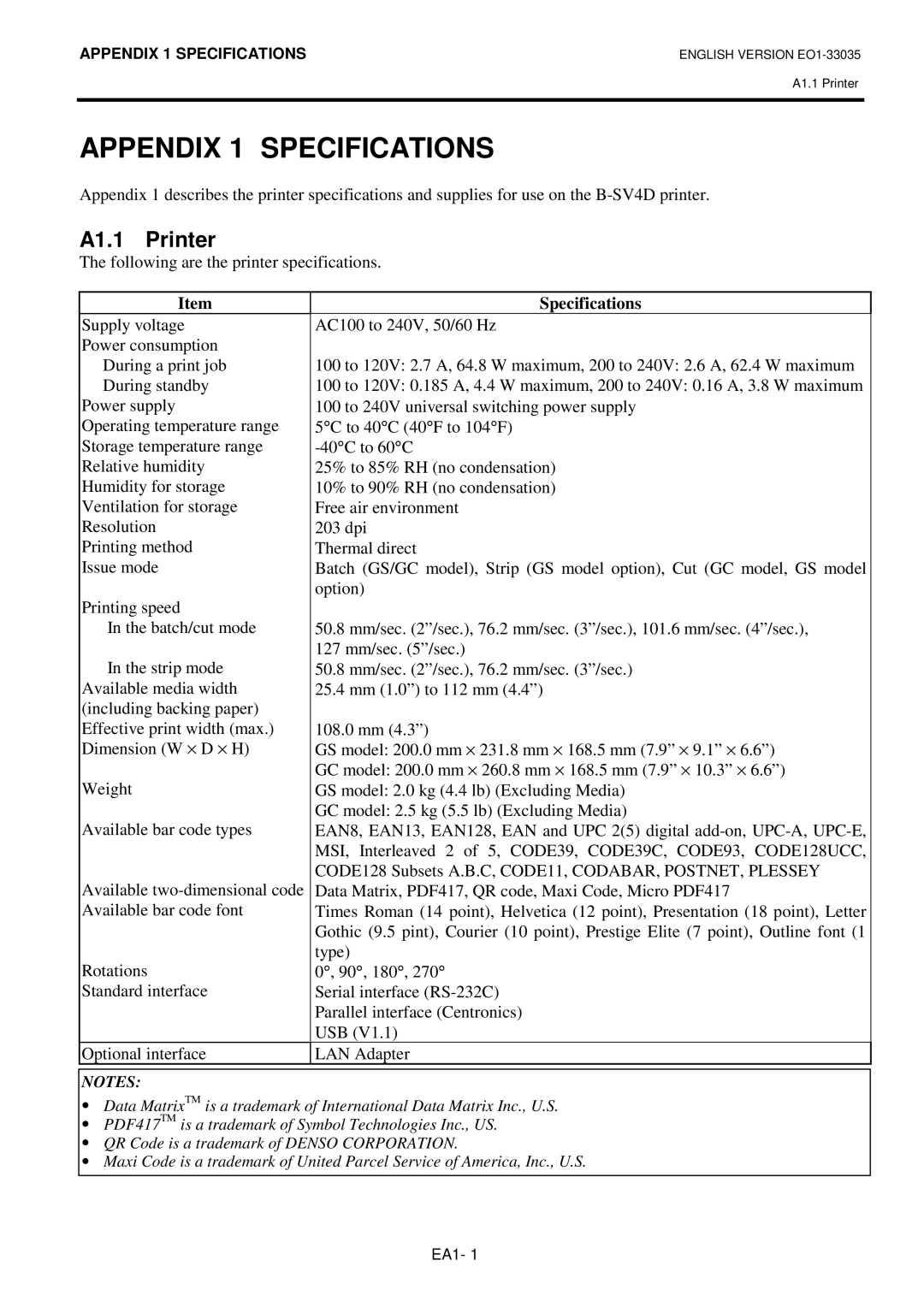 Toshiba B-SV4D-QM owner manual Appendix 1 Specifications, A1.1 Printer 