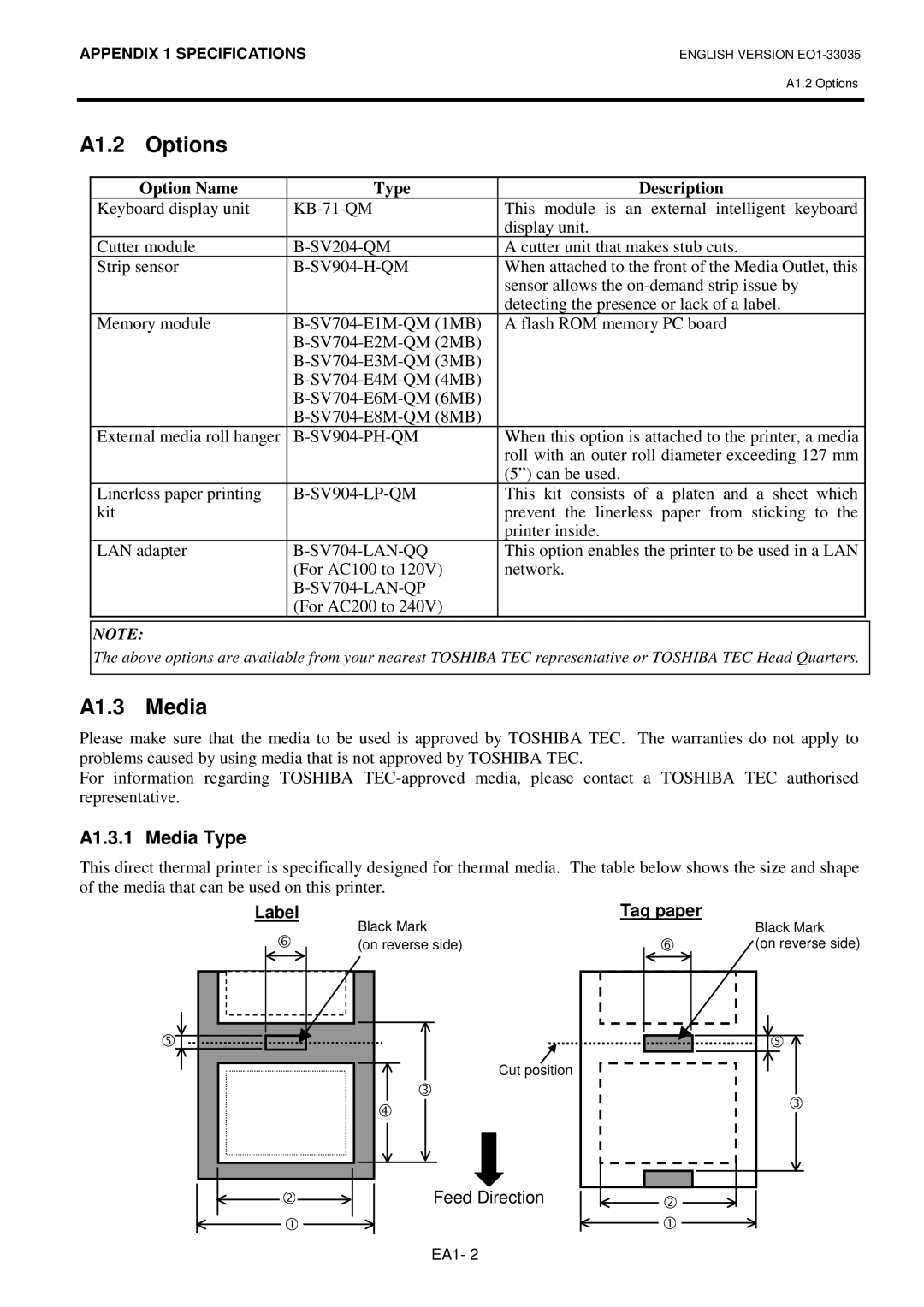 Toshiba B-SV4D-QM owner manual A1.2 Options, A1.3 Media, A1.3.1 Media Type, Option Name Type Description 