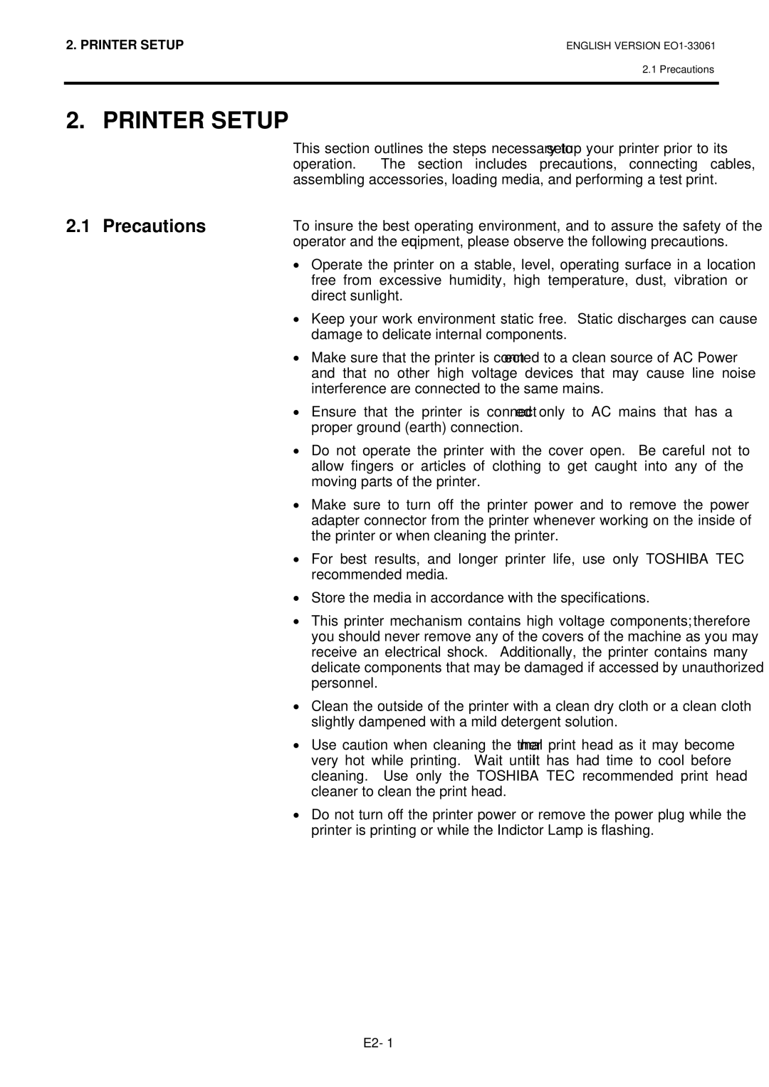 Toshiba B-SV4D owner manual Printer Setup, Precautions 