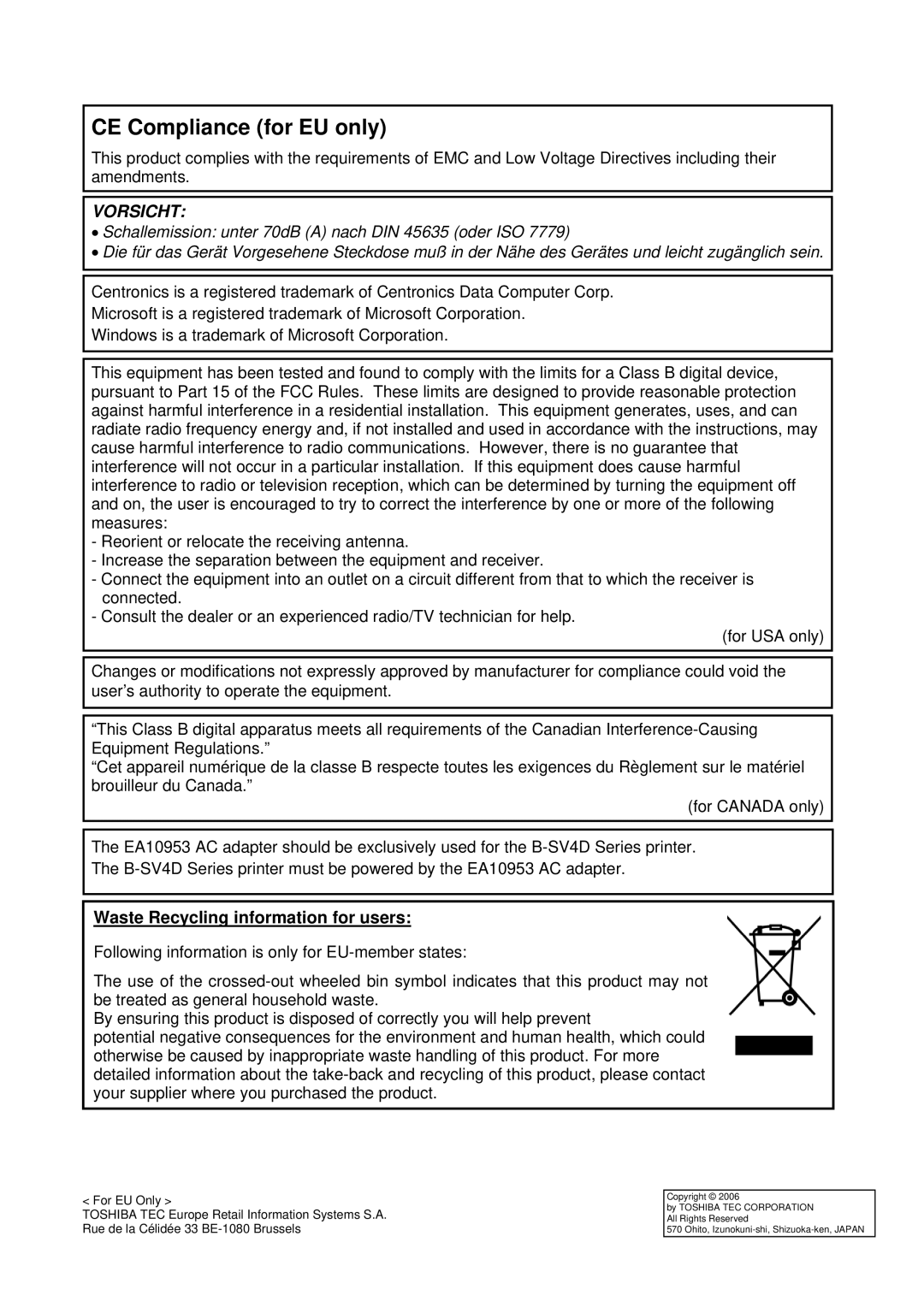 Toshiba B-SV4D owner manual CE Compliance for EU only, Vorsicht 