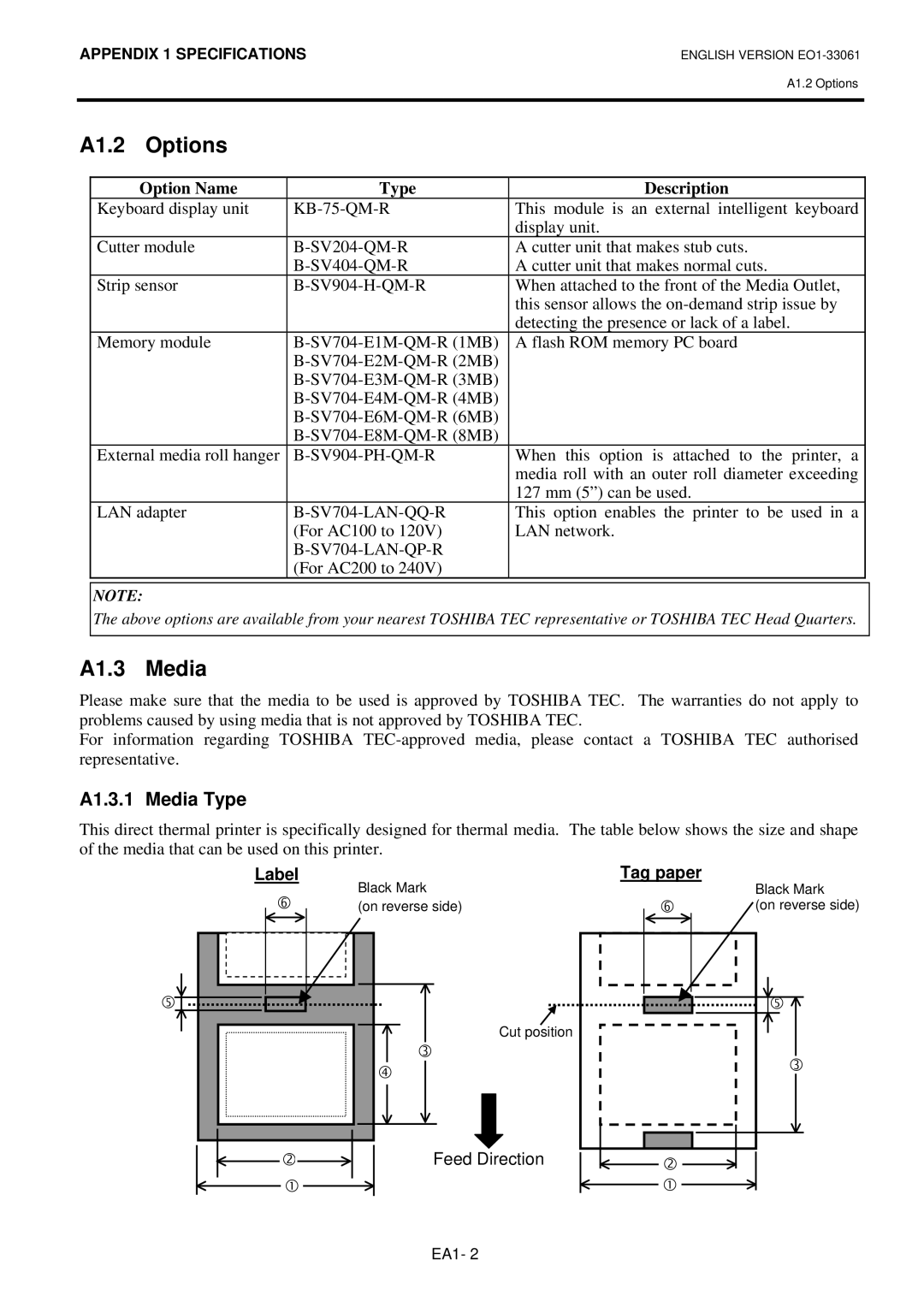 Toshiba B-SV4D owner manual A1.2 Options, A1.3 Media, A1.3.1 Media Type 