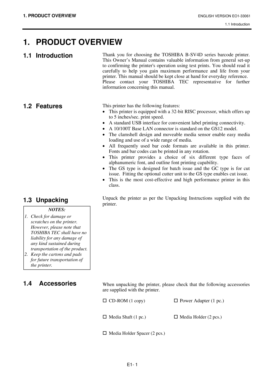 Toshiba B-SV4D owner manual Product Overview, Introduction Features Unpacking, Accessories 