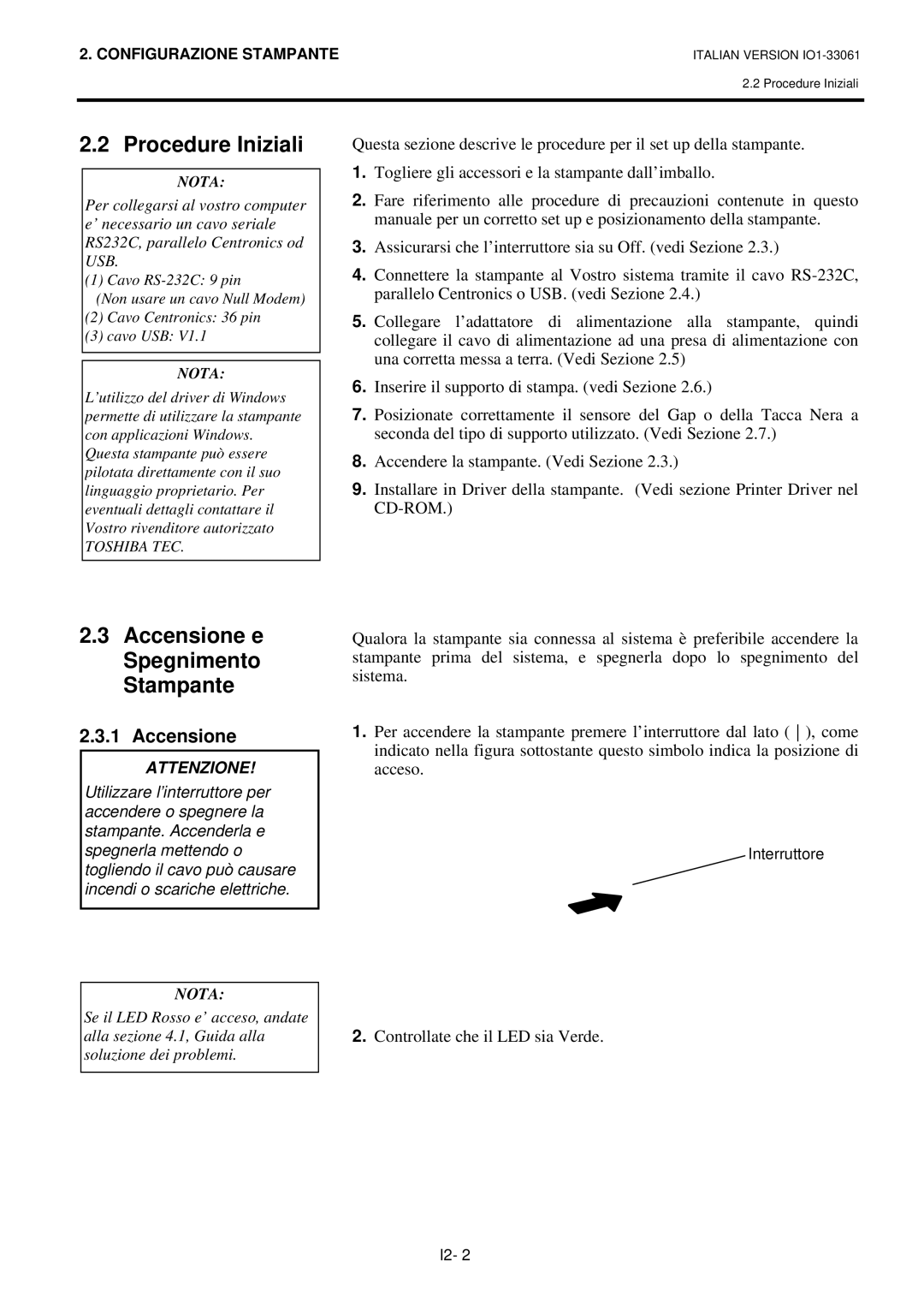 Toshiba B-SV4D manual Procedure Iniziali, Accensione e Spegnimento Stampante 