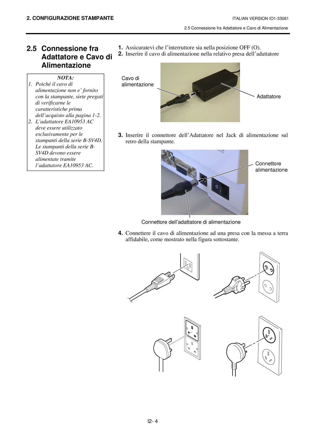 Toshiba B-SV4D manual Connessione fra Adattatore e Cavo di Alimentazione 