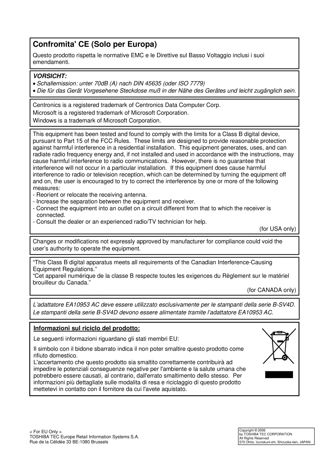 Toshiba B-SV4D manual Confromita CE Solo per Europa, Vorsicht 