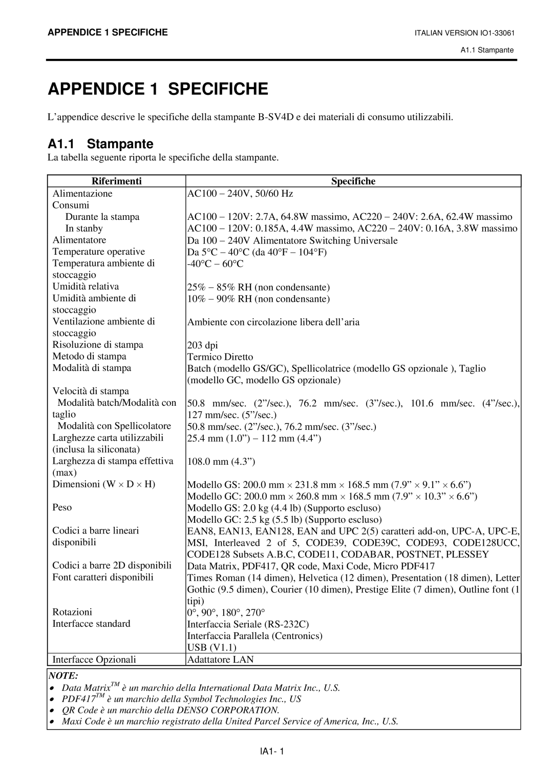 Toshiba B-SV4D manual Appendice 1 Specifiche, A1.1 Stampante, Riferimenti 