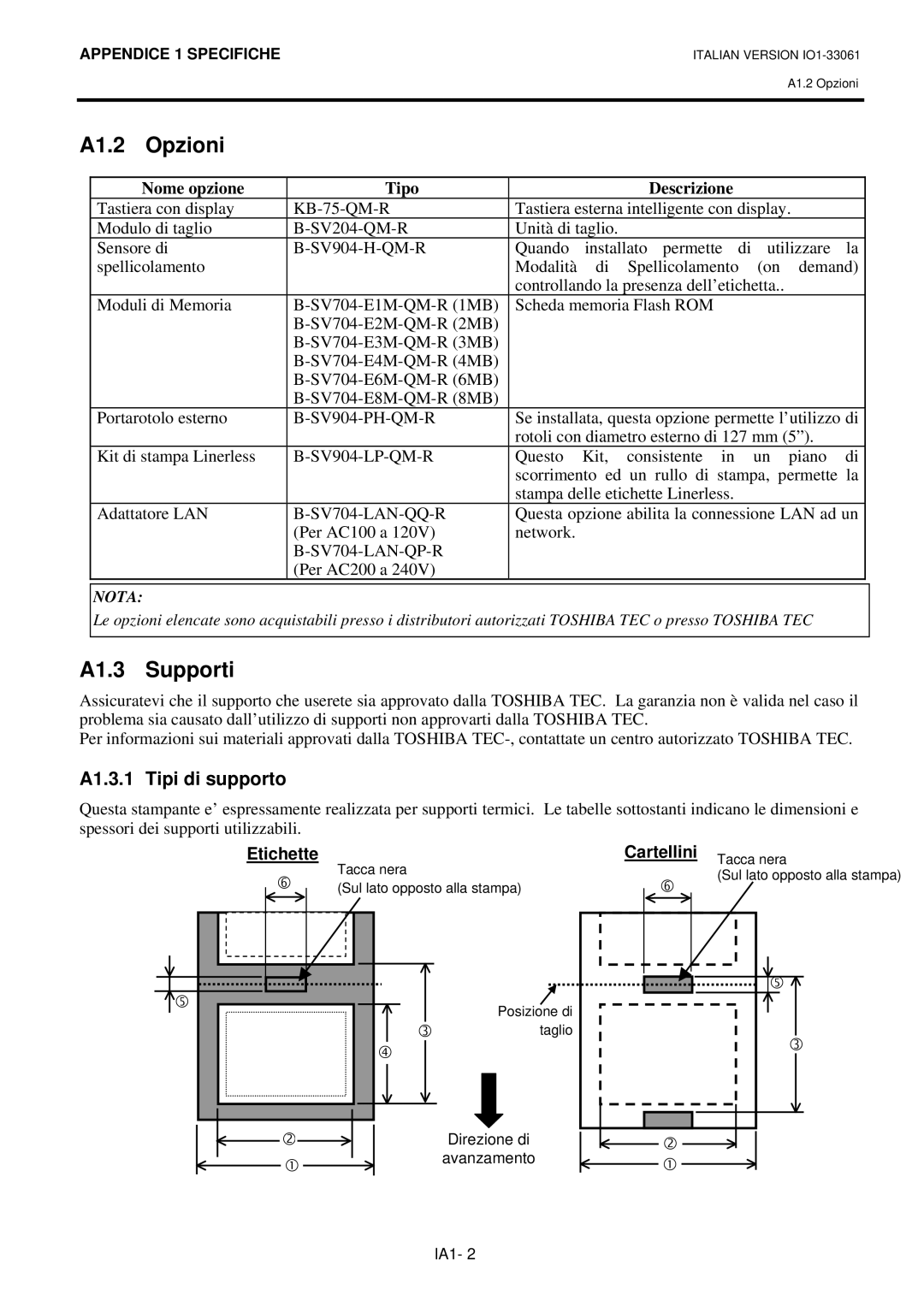 Toshiba B-SV4D manual A1.2 Opzioni, A1.3 Supporti, A1.3.1 Tipi di supporto, Nome opzione Tipo, Descrizione 