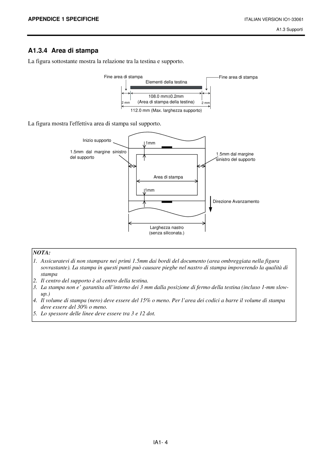 Toshiba B-SV4D manual A1.3.4 Area di stampa, La figura mostra leffettiva area di stampa sul supporto 