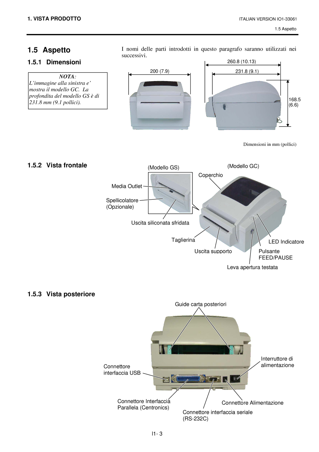 Toshiba B-SV4D manual Aspetto, Dimensioni, Vista frontale, Vista posteriore 