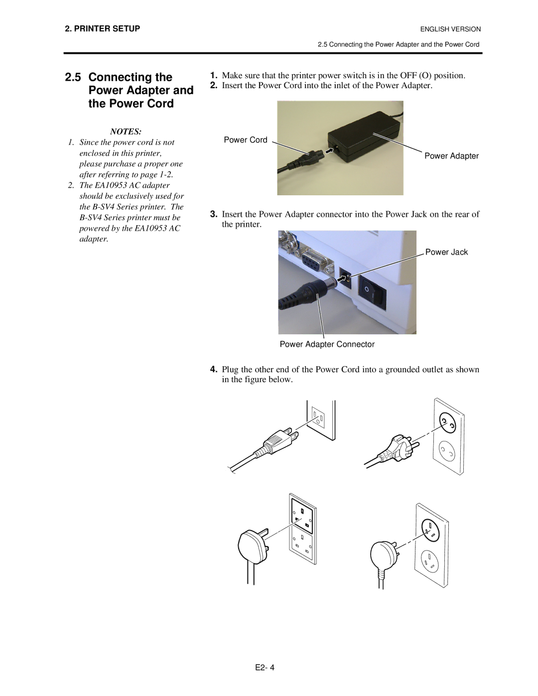 Toshiba B-SV4T-GS10-QM owner manual Connecting the Power Adapter and the Power Cord 