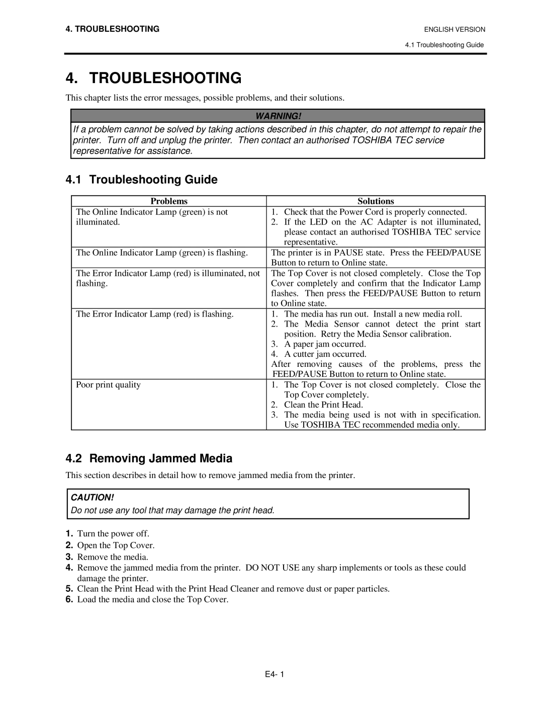 Toshiba B-SV4T-GS10-QM owner manual Troubleshooting Guide, Removing Jammed Media 