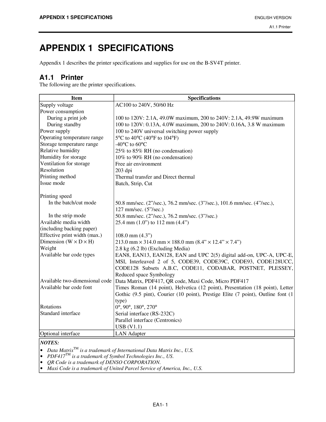 Toshiba B-SV4T-GS10-QM owner manual Appendix 1 Specifications, A1.1 Printer 