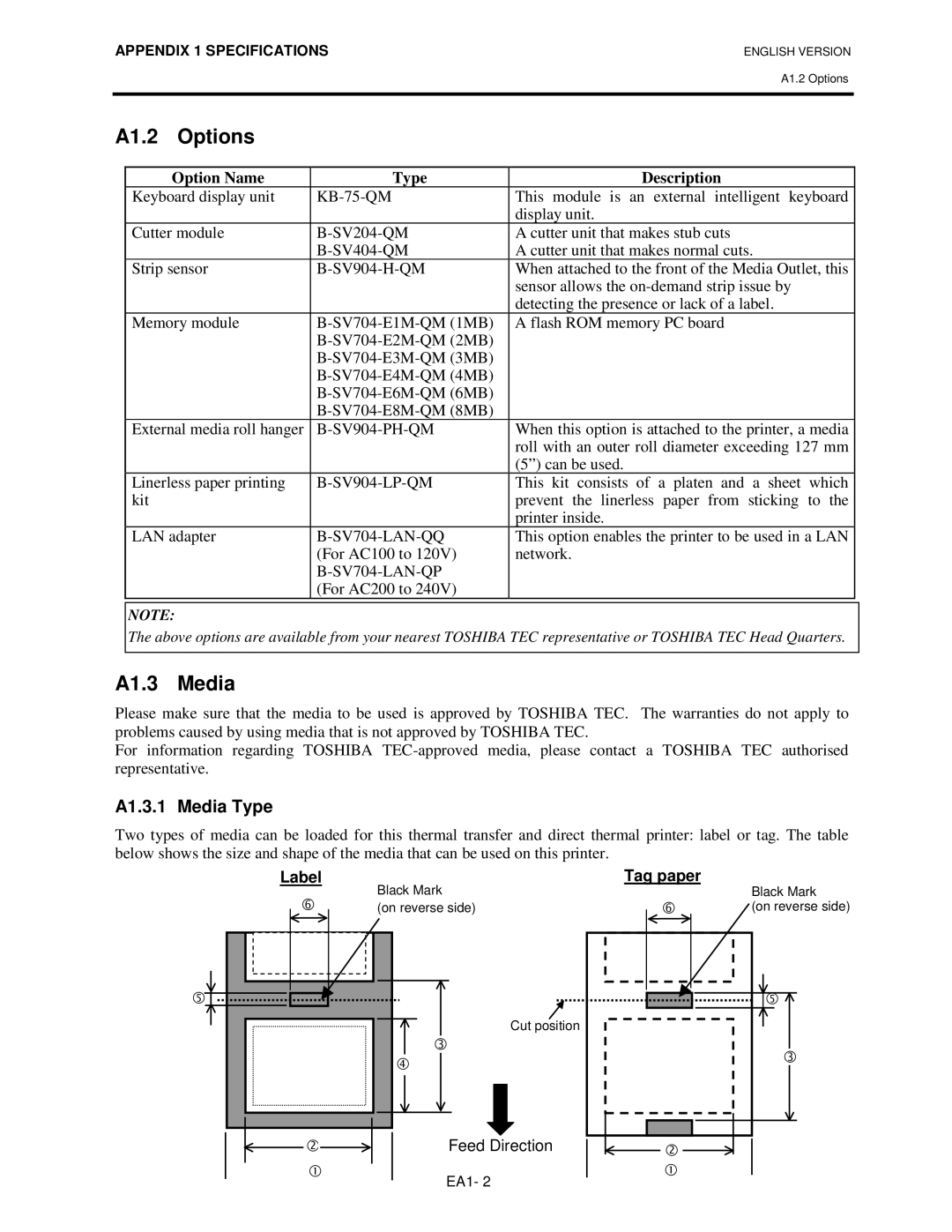 Toshiba B-SV4T-GS10-QM owner manual A1.2 Options, A1.3 Media, A1.3.1 Media Type 