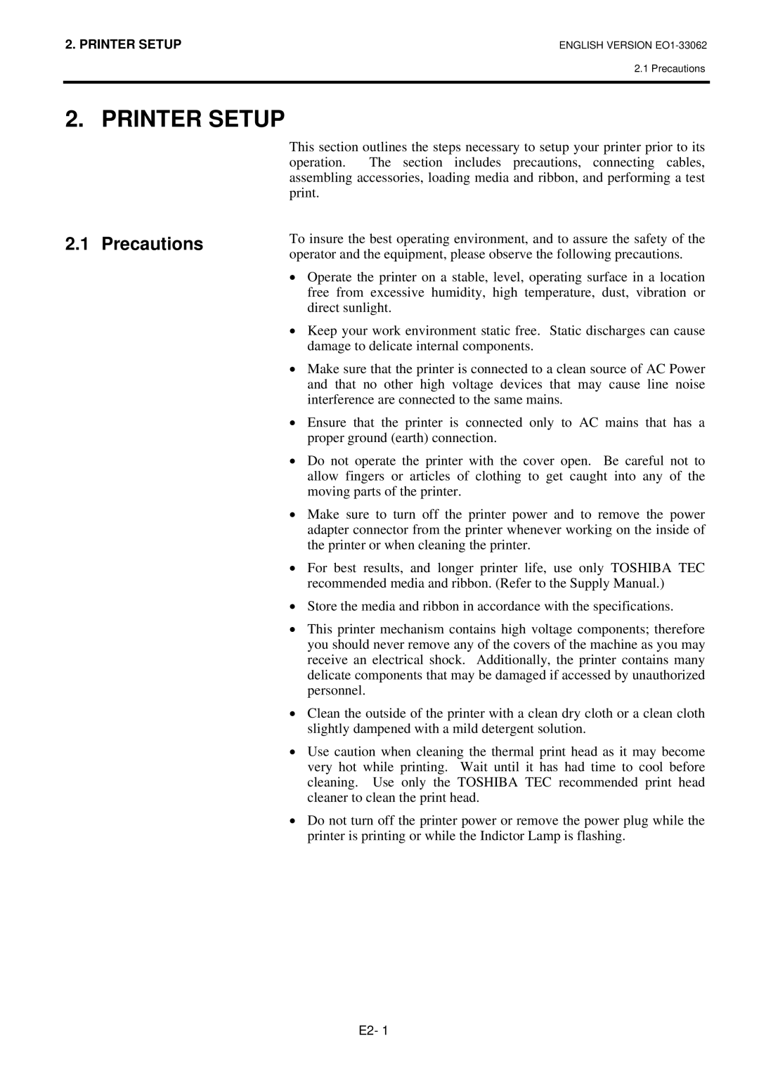 Toshiba B-SV4T owner manual Printer Setup, Precautions 