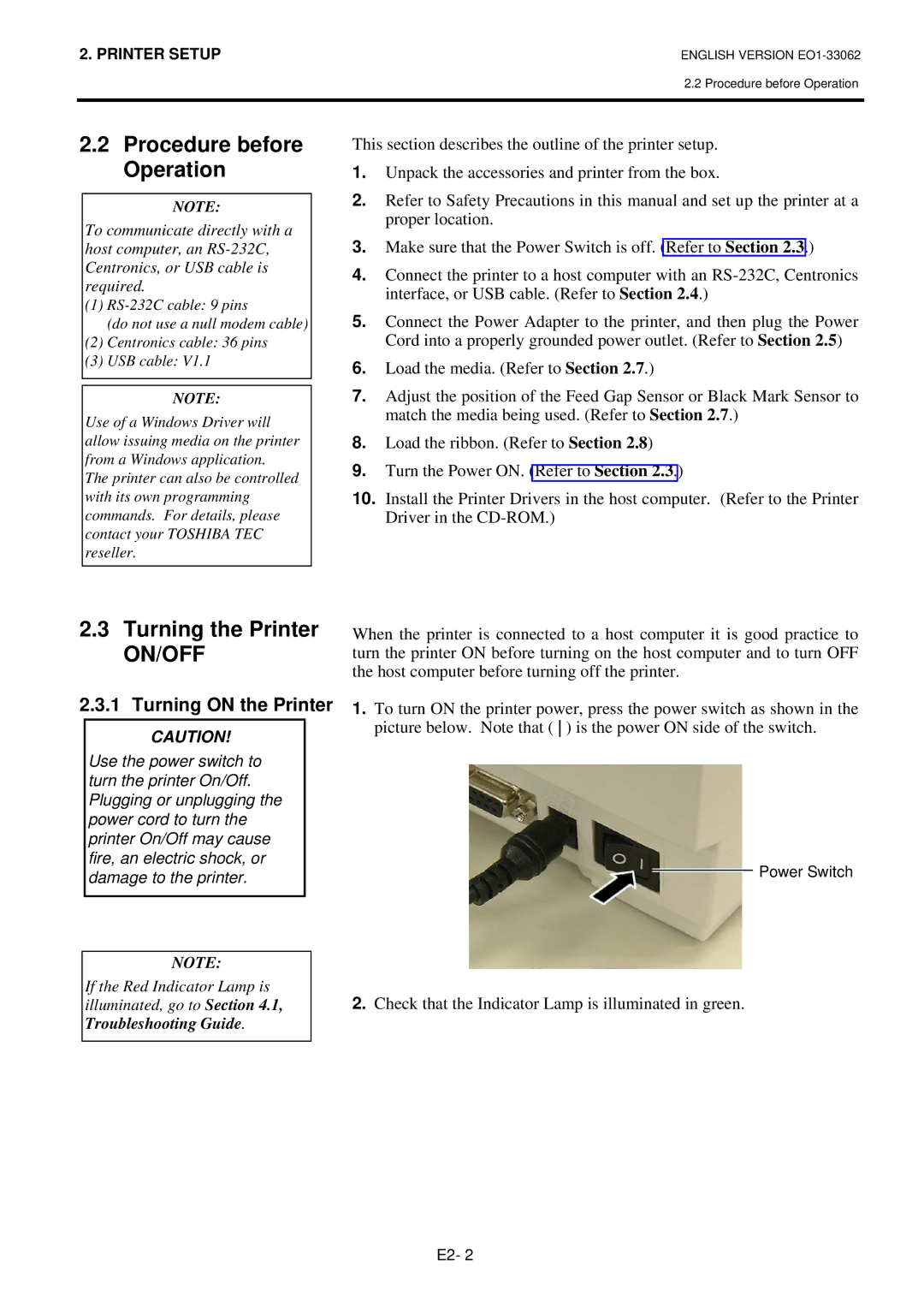 Toshiba B-SV4T owner manual Procedure before Operation, Turning the Printer, Turning on the Printer 