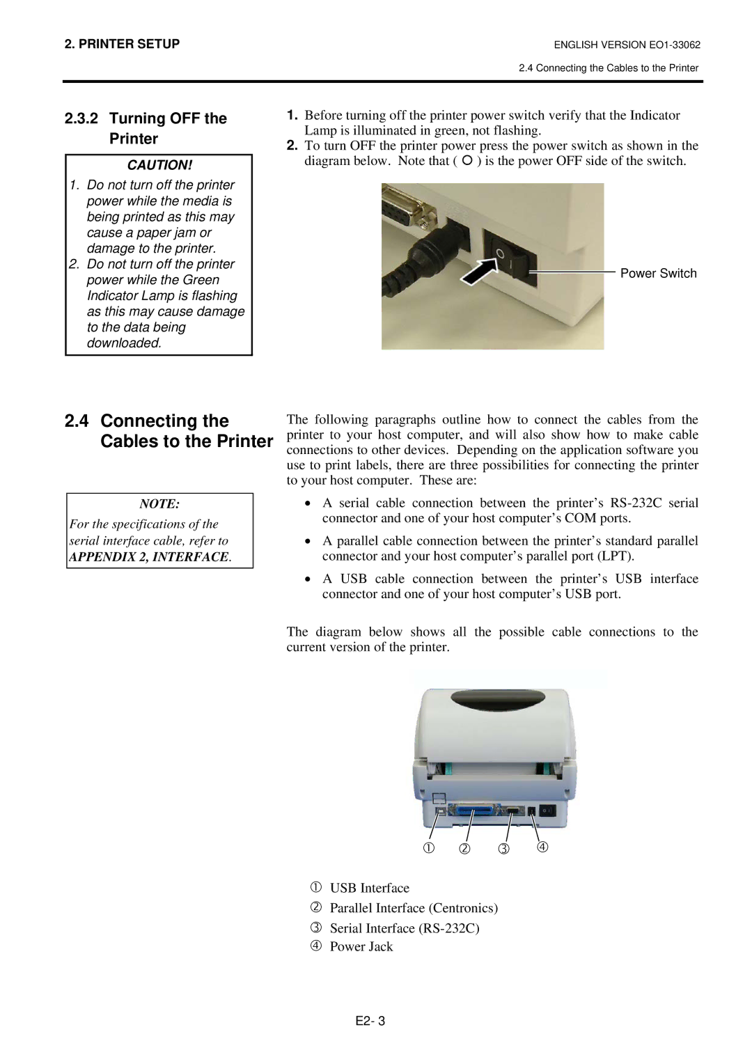 Toshiba B-SV4T owner manual Connecting the Cables to the Printer, Turning OFF the Printer 