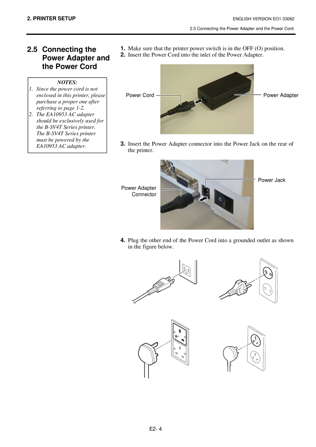 Toshiba B-SV4T owner manual Connecting the Power Adapter and the Power Cord 