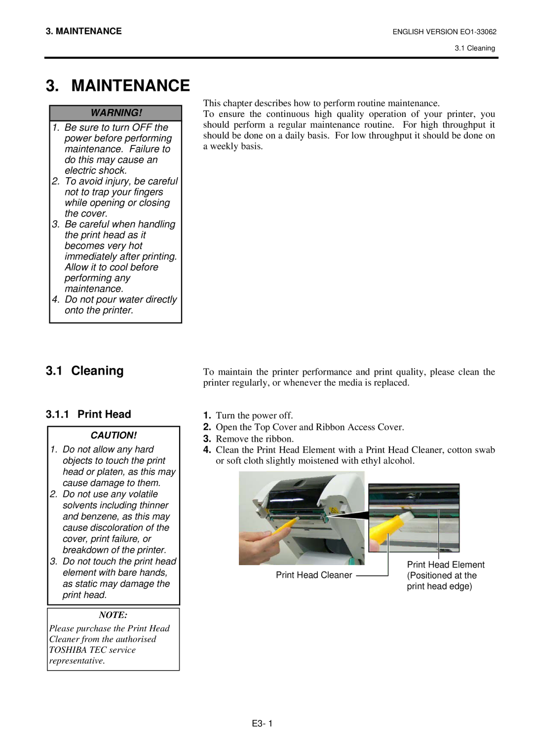 Toshiba B-SV4T owner manual Maintenance, Cleaning, Print Head 