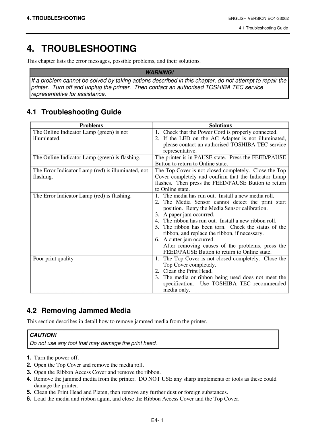 Toshiba B-SV4T owner manual Troubleshooting Guide, Removing Jammed Media 