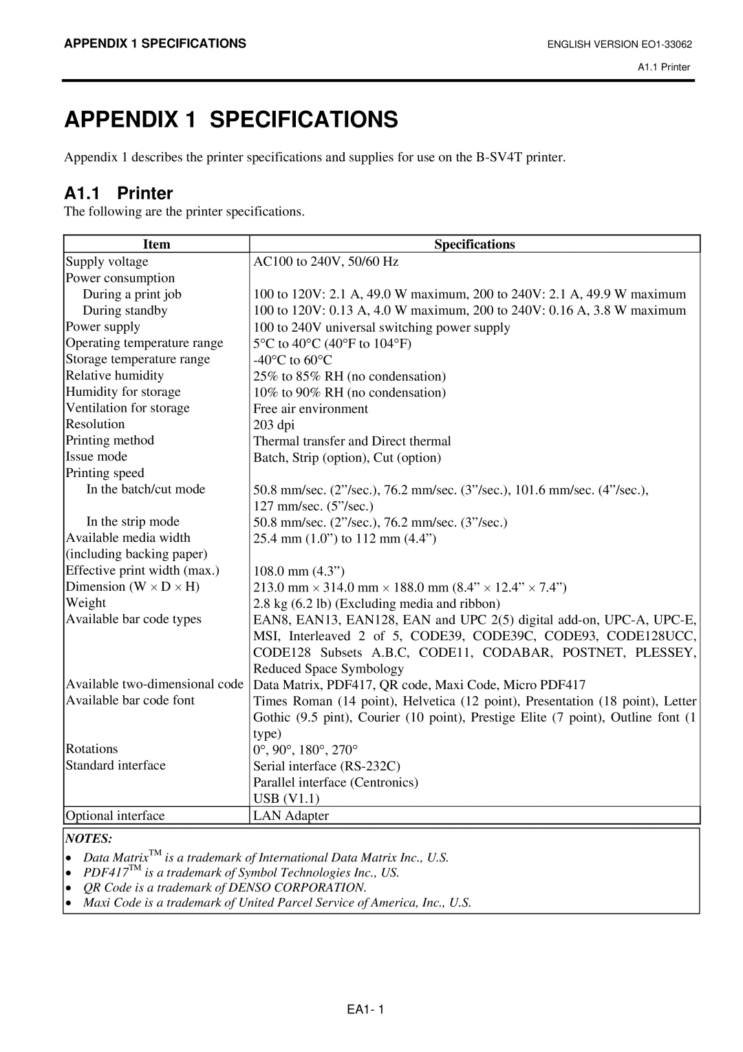 Toshiba B-SV4T owner manual Appendix 1 Specifications, A1.1 Printer 