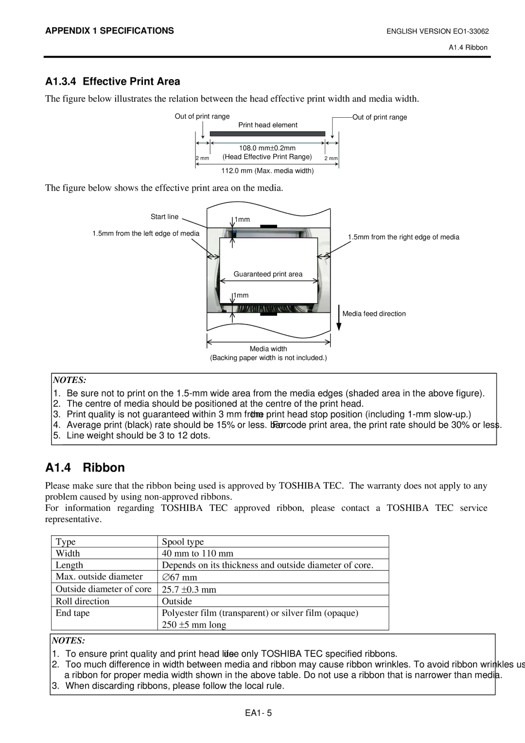 Toshiba B-SV4T owner manual A1.4 Ribbon, A1.3.4 Effective Print Area 