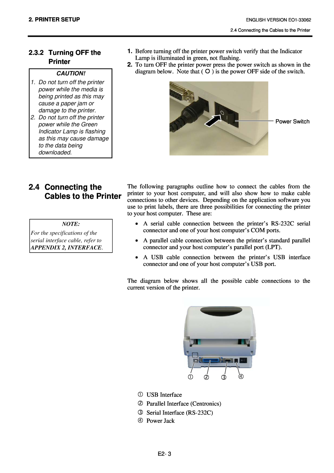 Toshiba B-SV4T owner manual Connecting the Cables to the Printer, Turning OFF the Printer, c d e f 