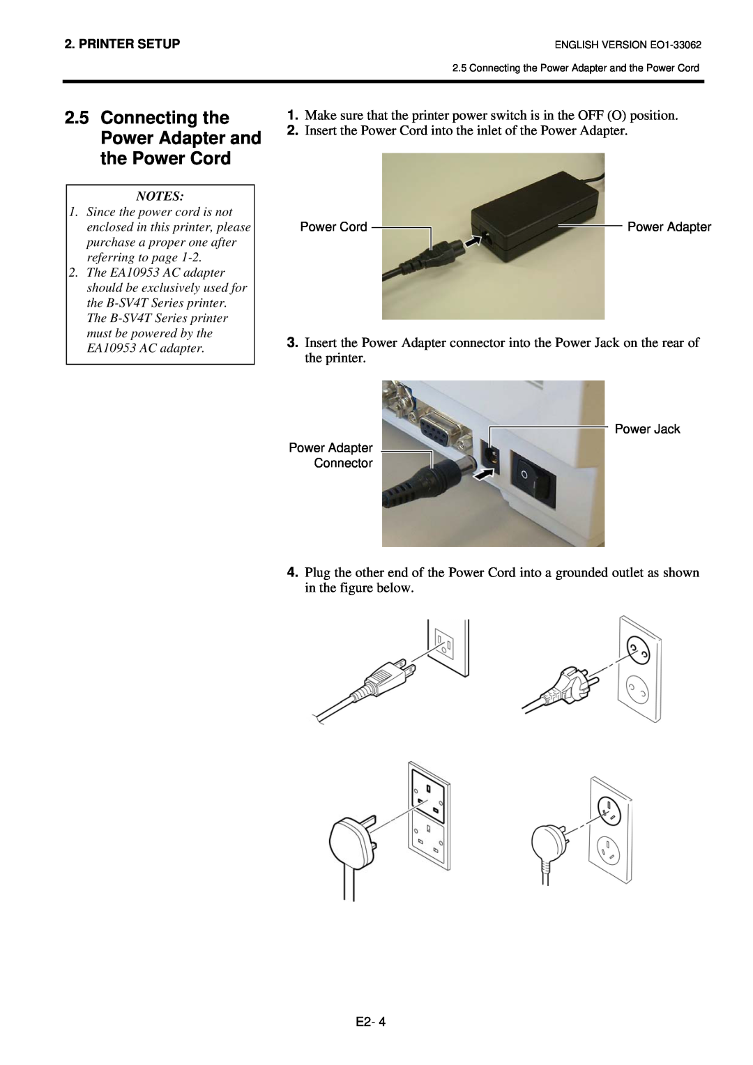 Toshiba B-SV4T owner manual Connecting the Power Adapter and the Power Cord 