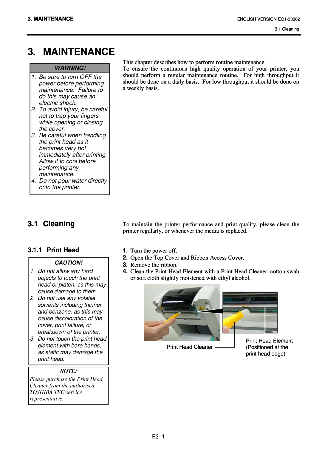 Toshiba B-SV4T owner manual Maintenance, Cleaning, Print Head 
