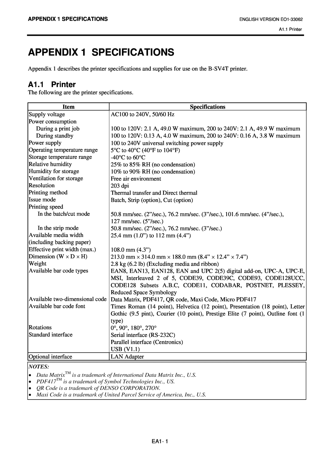 Toshiba B-SV4T owner manual APPENDIX 1 SPECIFICATIONS, A1.1 Printer, Specifications 