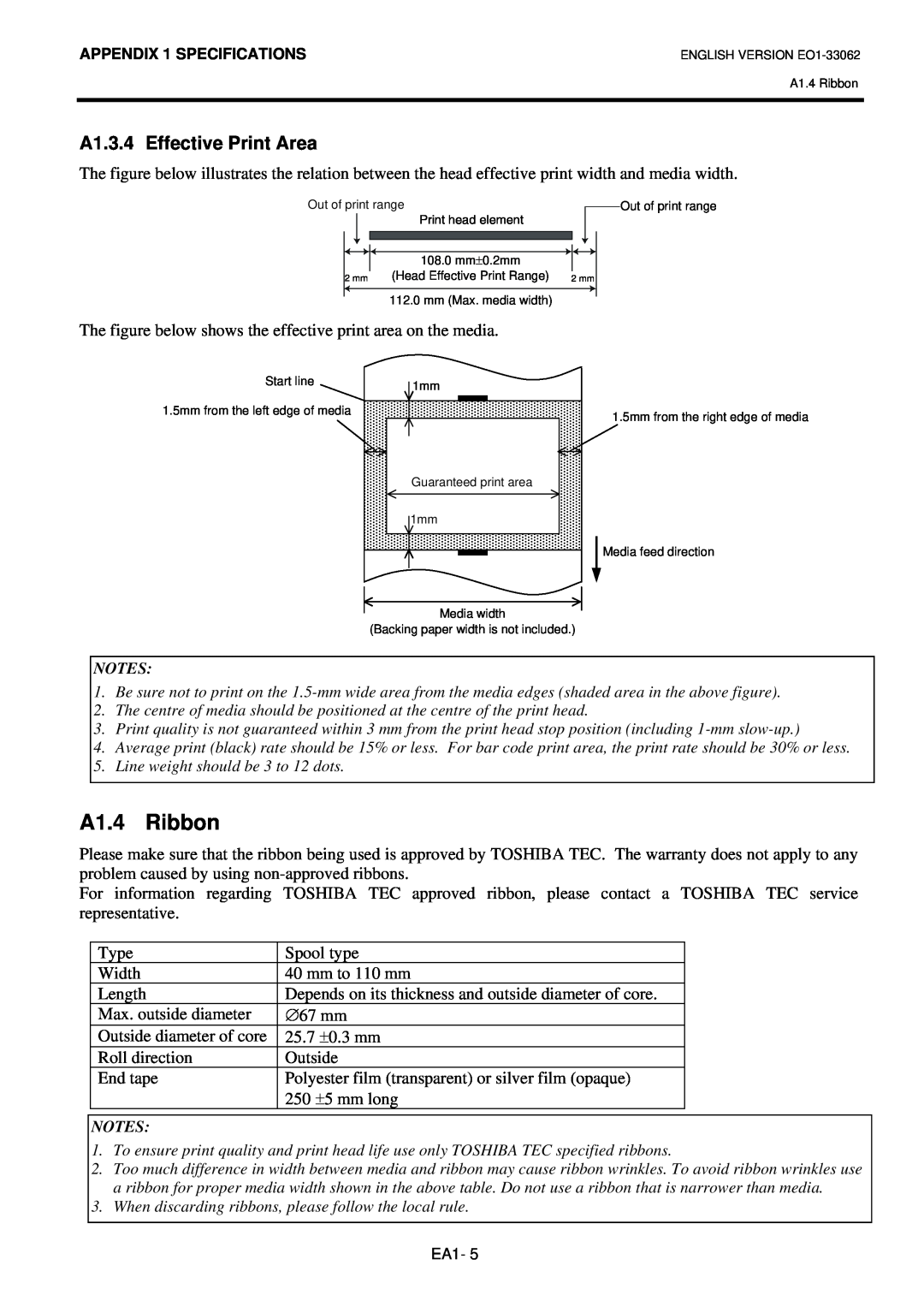 Toshiba B-SV4T owner manual A1.4 Ribbon, A1.3.4 Effective Print Area 