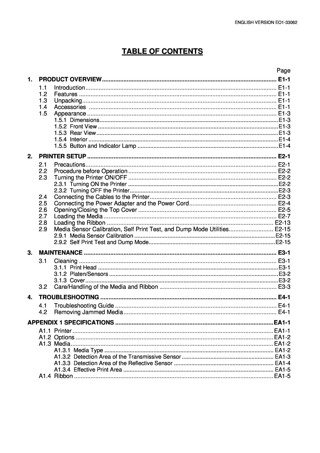 Toshiba B-SV4T Table Of Contents, Product Overview, E1-1, E2-1, Maintenance, E3-1, E4-1, APPENDIX 1 SPECIFICATIONS, EA1-1 