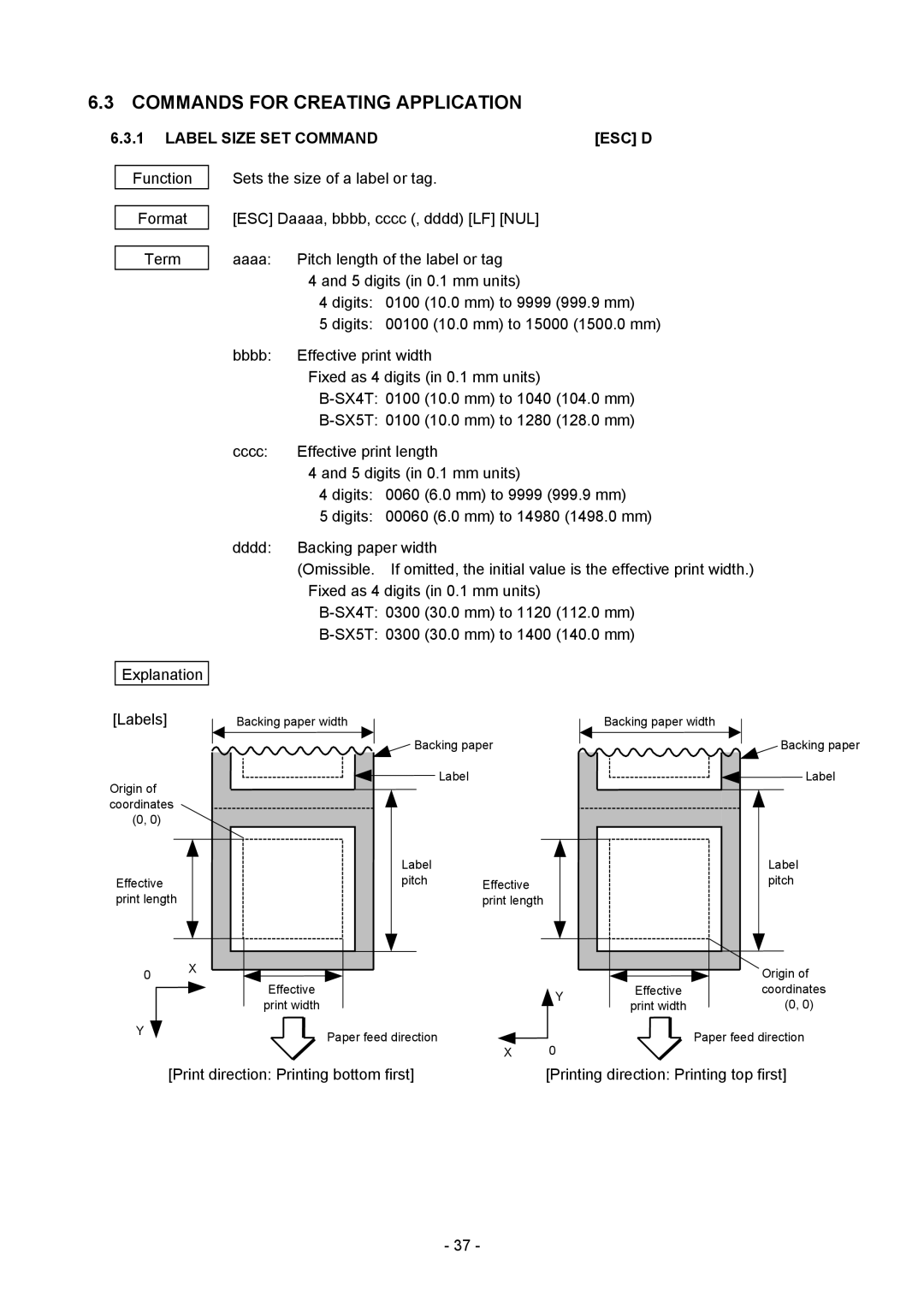 Toshiba B-SX4T-GS20-QM-R manual Commands for Creating Application, Label Size SET Command ESC D 