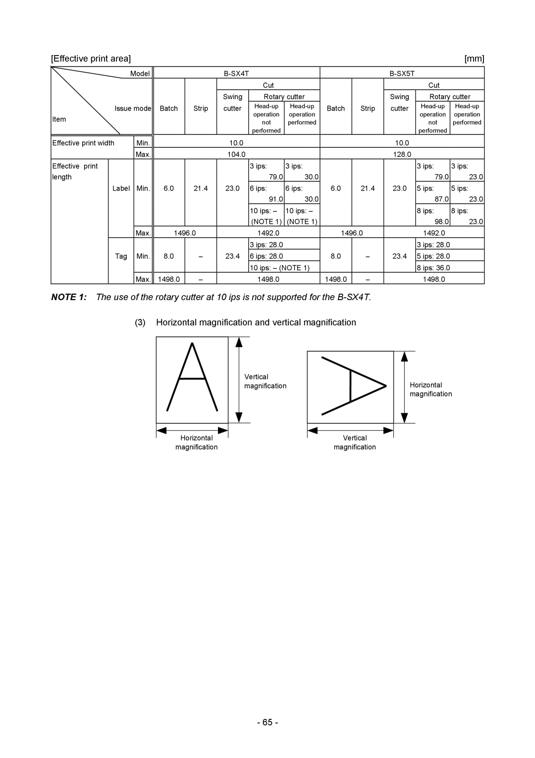 Toshiba B-SX4T-GS20-QM-R manual Effective print area, Horizontal magnification and vertical magnification 