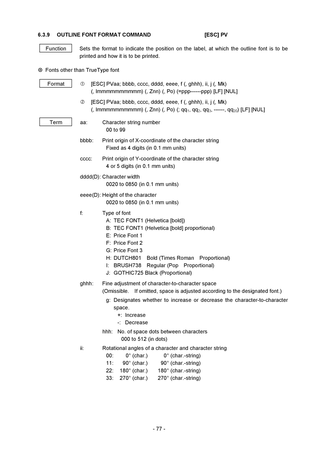 Toshiba B-SX4T-GS20-QM-R manual Outline Font Format Command ESC PV 