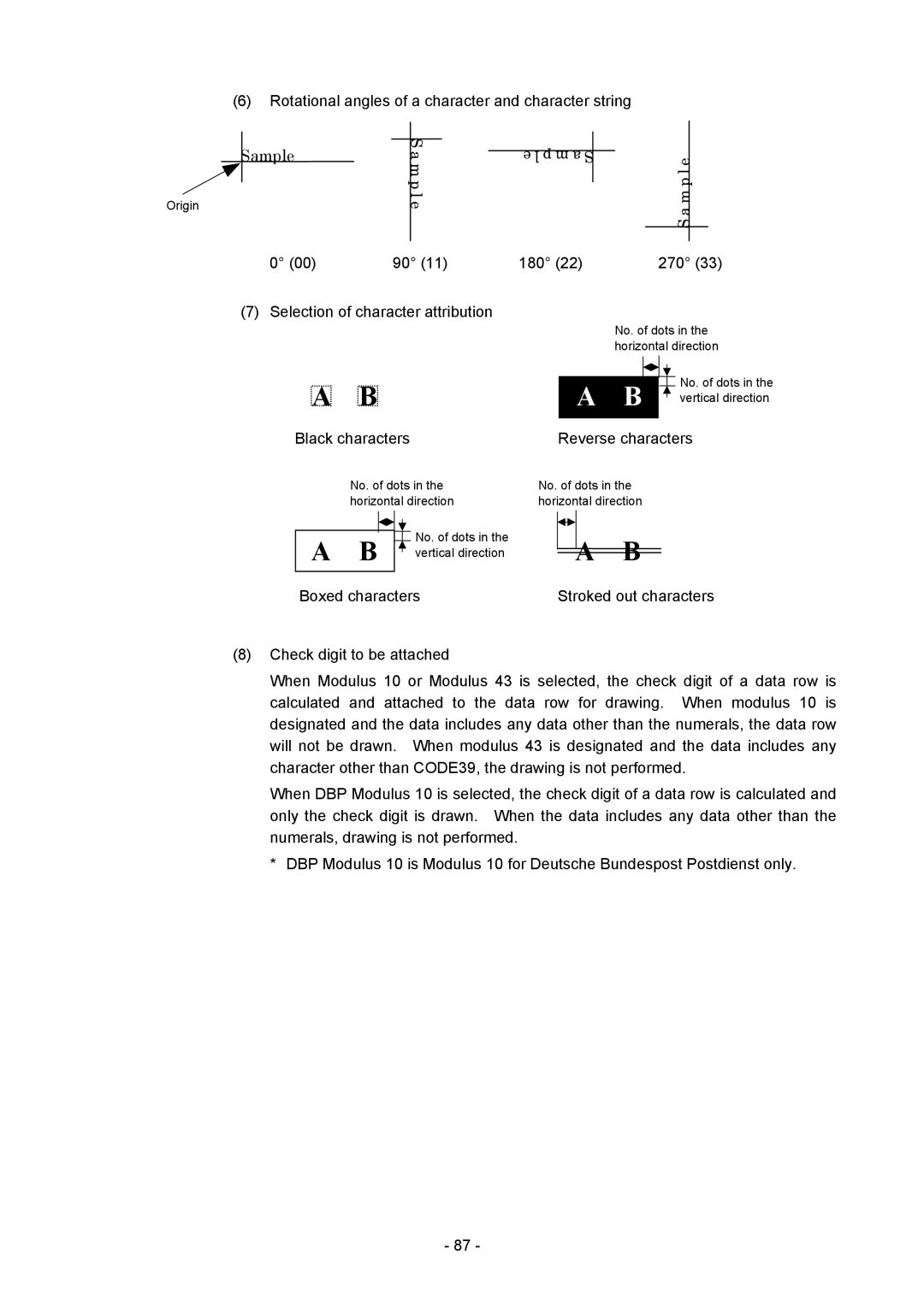 Toshiba B-SX4T-GS20-QM-R Rotational angles of a character and character string, 180 270 Selection of character attribution 