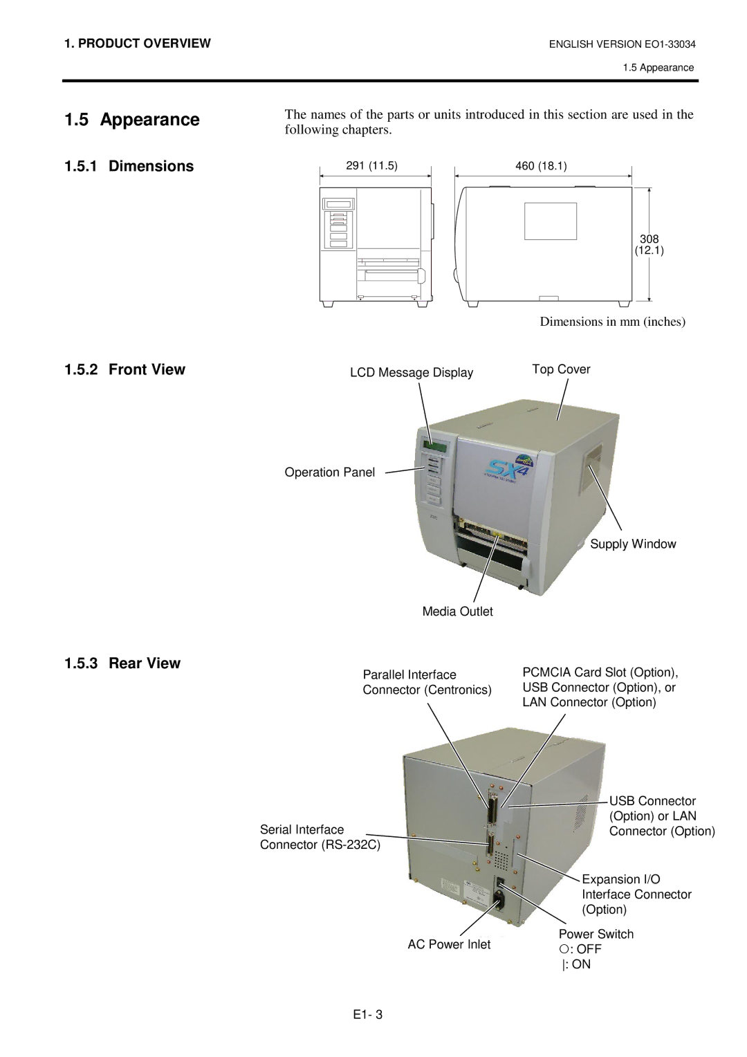 Toshiba B-SX4T-QP manual Appearance, Dimensions, Front View, Rear View 